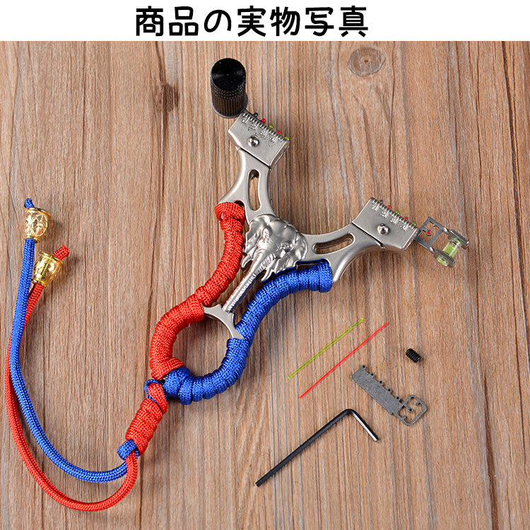 スリングショット パチンコ 動物撃退器 象のレリーフ 2色リボン束 合金の弓 手ブレ防止カバー おもちゃトレーニング アウトドア ターゲットゲーム 狩猟 練習用 パチンコ銃 アウトドア玩具 セット 害獣・害虫対策器 くまよけ道具 熊対策 グッズ