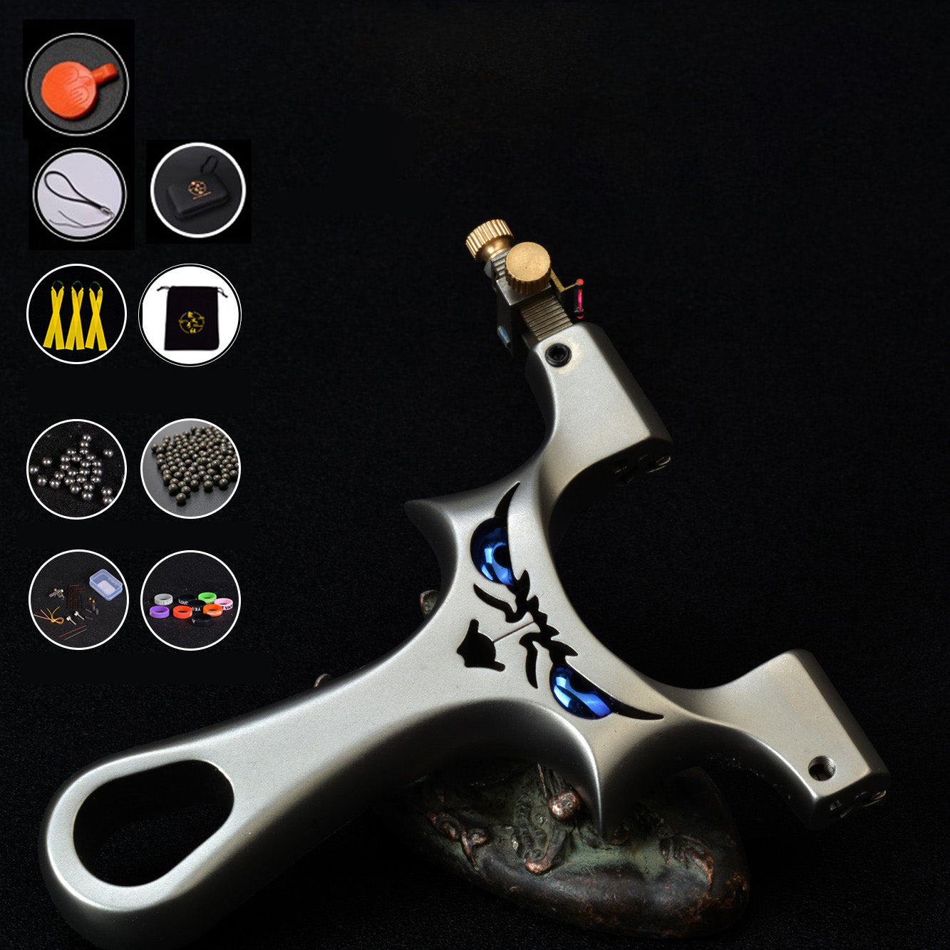 龍歯悪鬼 スリングショット パチンコ ビー玉銃 鬼の模様  龍の歯型ゴム固定クリップ ステンレス製スリングショット 動物駆除器 害獣・害虫防除器 アウトドア玩具セット 流線型アウトドア 射撃場ゲーム 狩猟  クマ駆除ツール クマ防除用品